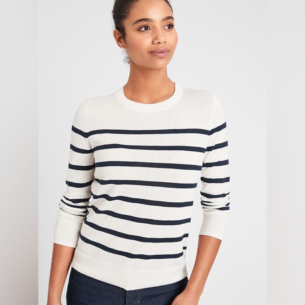 Banana Republic Petite Forever Striped Crewneck Sweater - Navy and White - XS